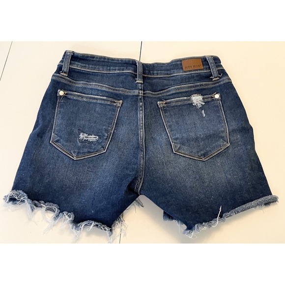 Judy Blue Mid Rise Cut Off Distressed Patch Jean Shorts Women's Size M - Picture 2 of 6